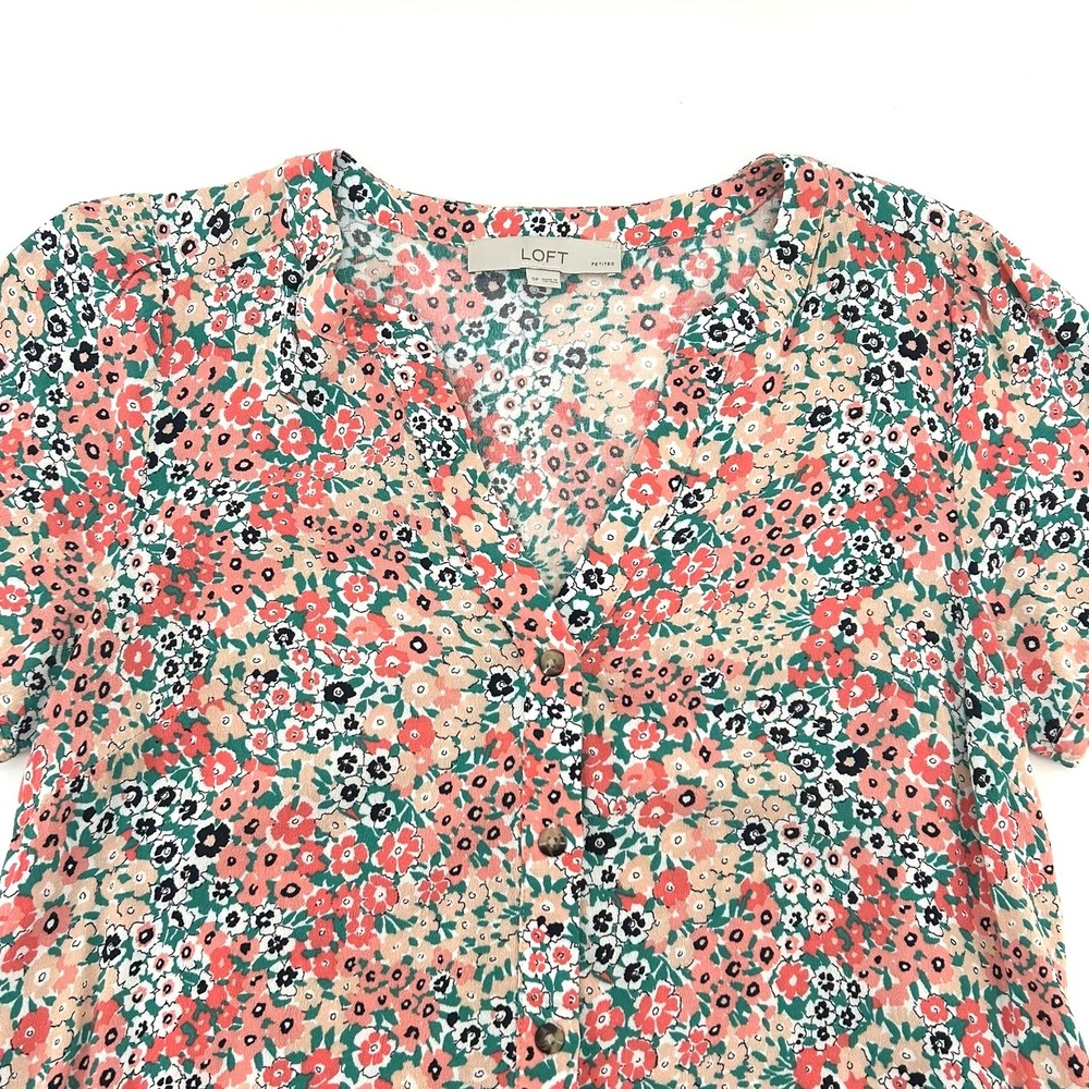 Loft Petites Floral Button Front V-Neck Ruffle Hem Dress Size SP Multi-Color